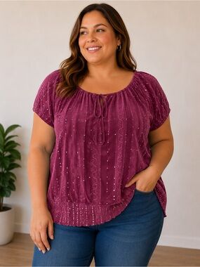 OneWorld Magenta Embellished Peasant Blouse – Size 1X